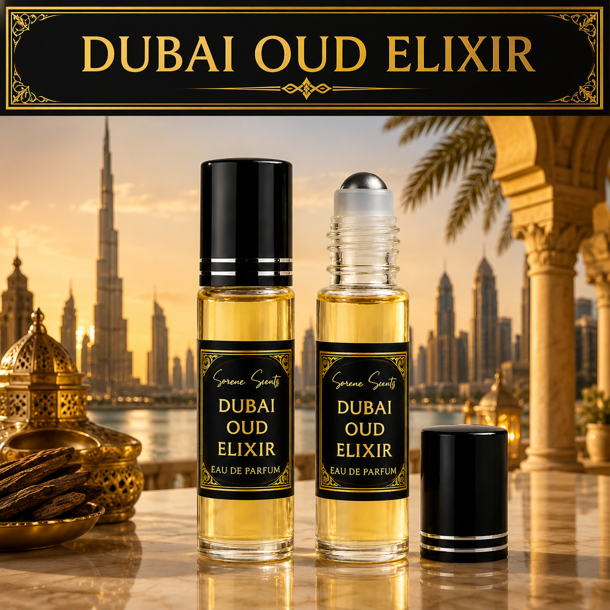 Two bottles of Dubai Oud Elixir perfume oil with black caps and black labels are displayed on a reflective marble surface, with a luxury cityscape background and a decorative header reading 'DUBAI OUD ELIXIR'.