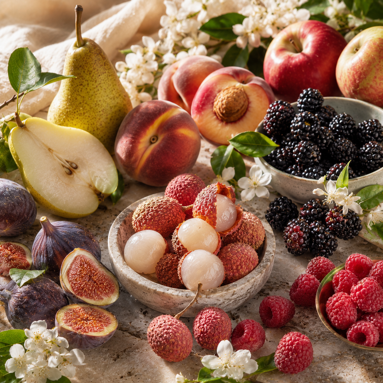 Luxury Fruity Fragrances Collection featuring pear, blackberry, peach, raspberry and lychee