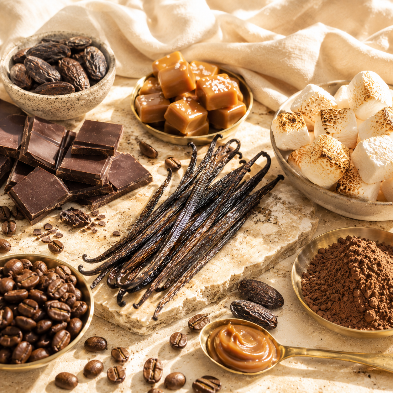 Luxury Gourmand Fragrances Collection featuring vanilla, caramel, tonka bean and coffee