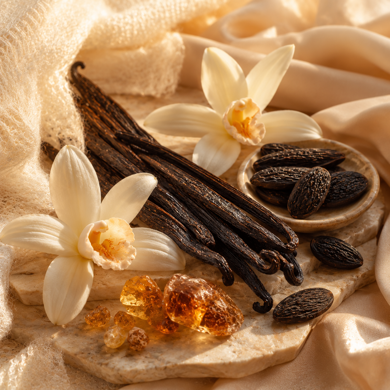 Luxury Vanilla Fragrances Collection featuring Madagascan vanilla pods and tonka beans