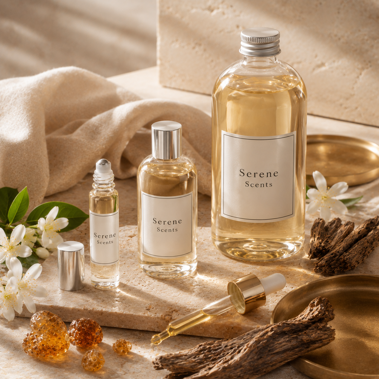 Luxury alcohol-free perfume oils collection featuring 10ml rollerball, 100ml perfume oil bottle and 500ml refill bottle by Serene Scents