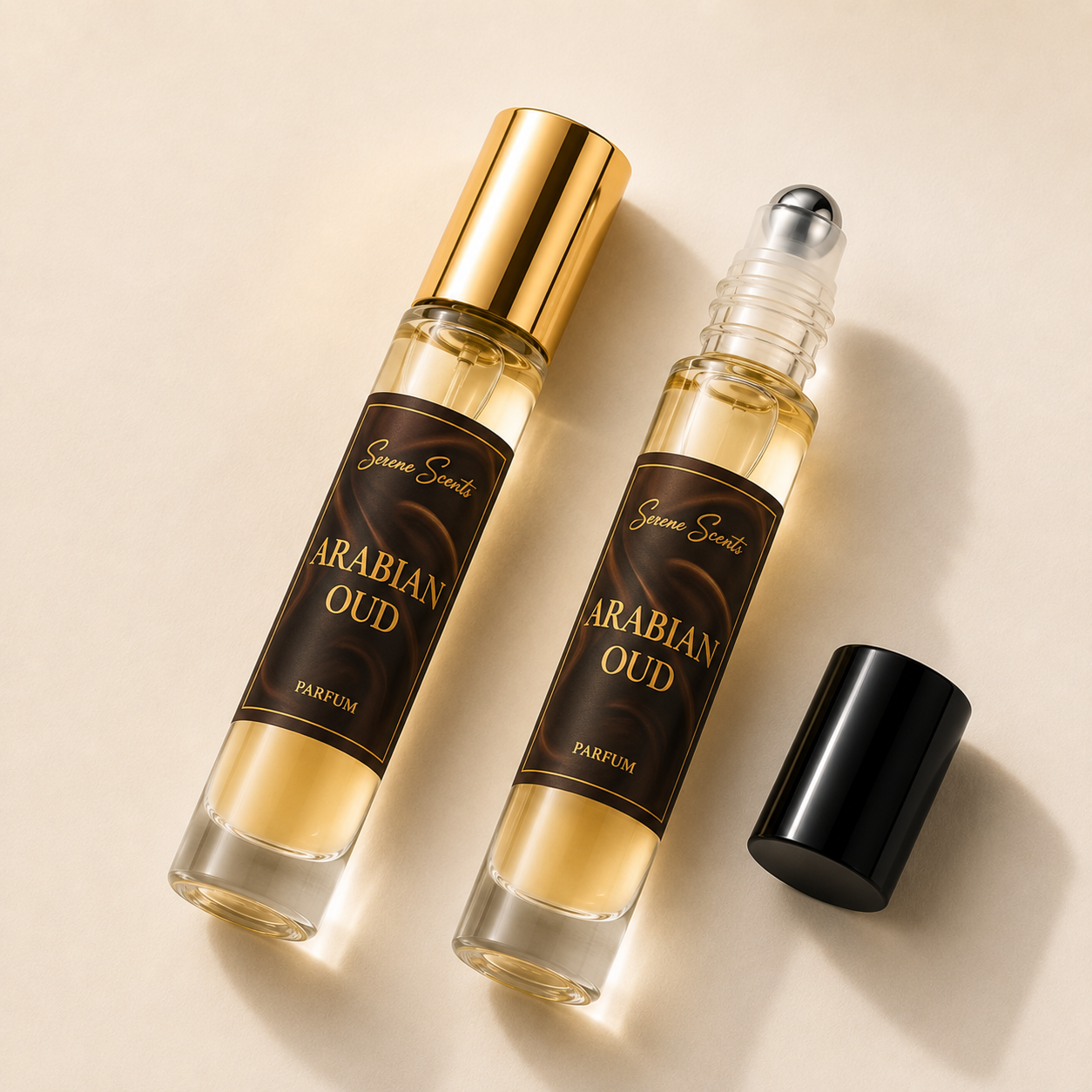 Two glass perfume roller bottles labeled 'Sanaa Scentz Arabian Oud Parfum' on a warm beige background, with one bottle capped in gold and the other open with its black cap placed beside it.