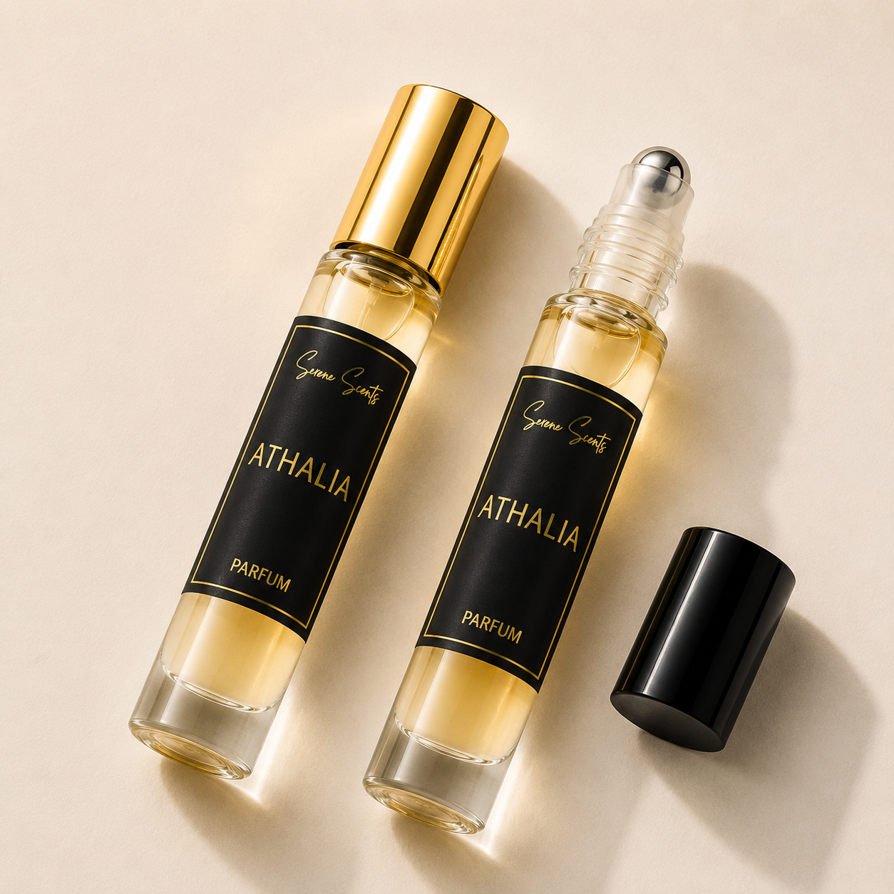 Two roll-on perfume bottles labeled 'Synne Scent' and 'ATHALIA PARFUM' with black labels and gold lettering, one with a gold cap and one with a clear roller top and silver ball, plus a detached black cap, on a warm beige background.