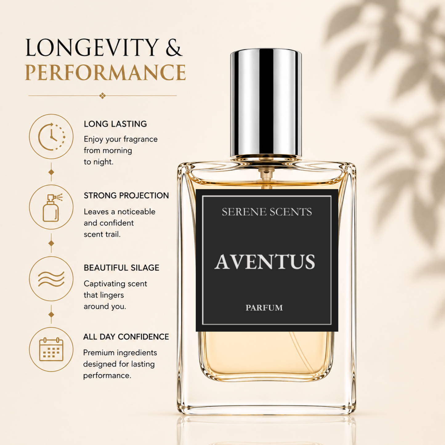 Aventus inspired perfume highlighting long-lasting fragrance, projection and sillage.