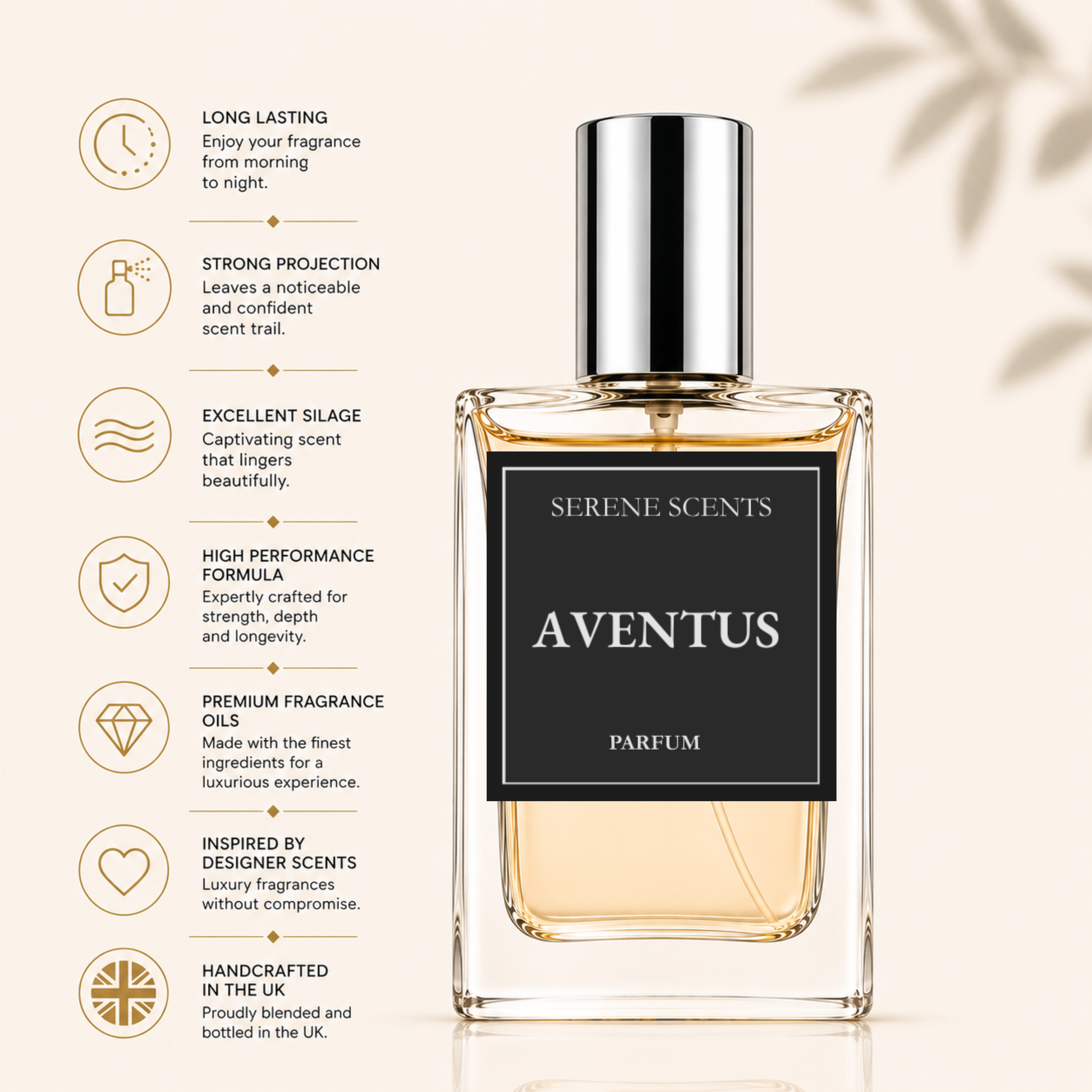 A bottle of Serene Scents Aventus Parfum centered on a light beige background, with a vertical list of product benefits printed along the left side. The bottle is clear glass showing amber liquid inside, with a black front label and a reflective silver cap.