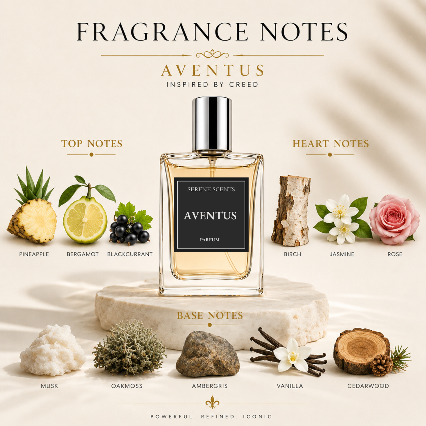 A perfume bottle labeled AVENTUS SERENE SCENTS PARFUM centered on a cream background with decorative text and botanical/wood notes around it. The bottle contains a warm amber liquid and has a reflective silver cap.