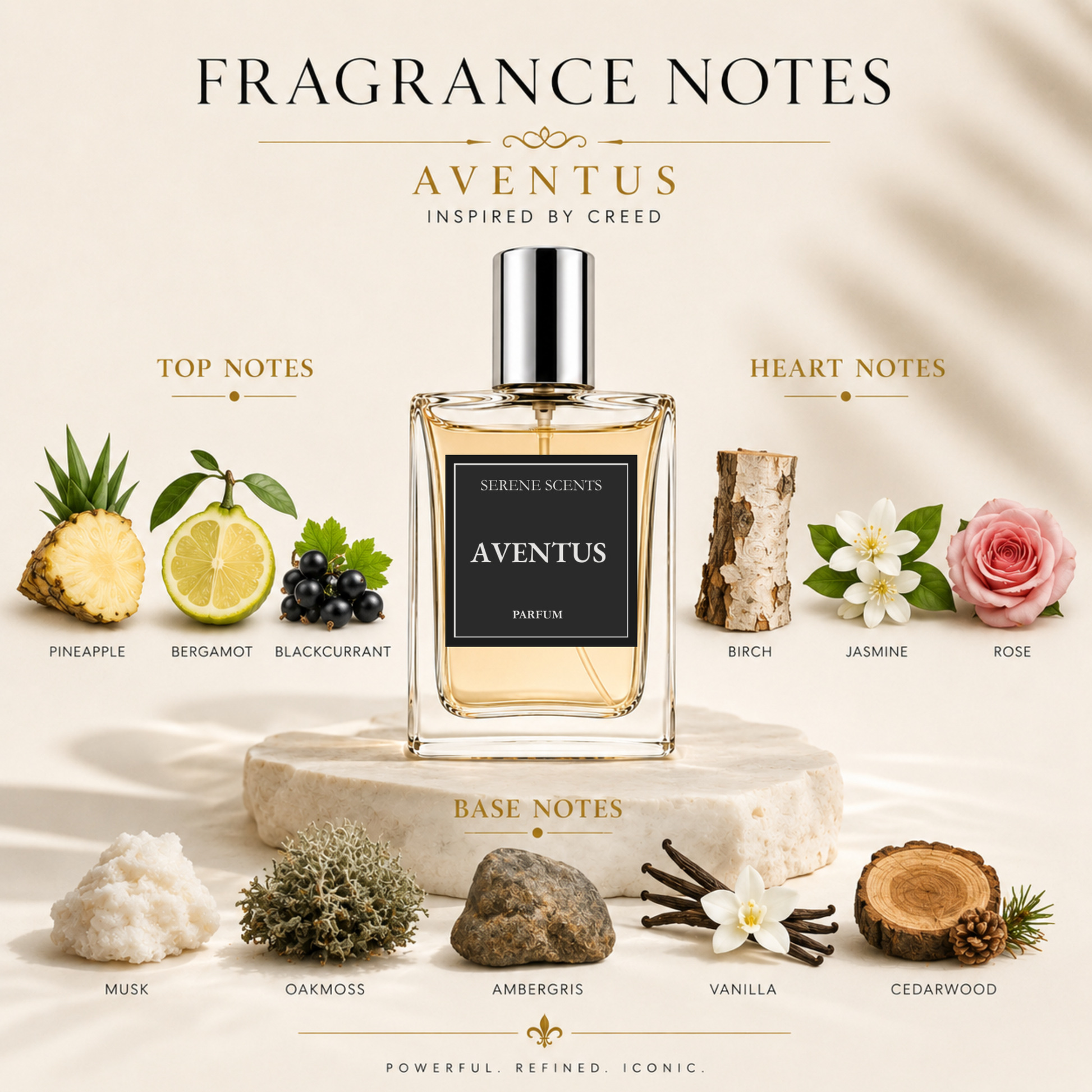 A perfume bottle labeled AVENTUS SERENE SCENTS PARFUM centered on a cream background with decorative text and botanical/wood notes around it. The bottle contains a warm amber liquid and has a reflective silver cap.