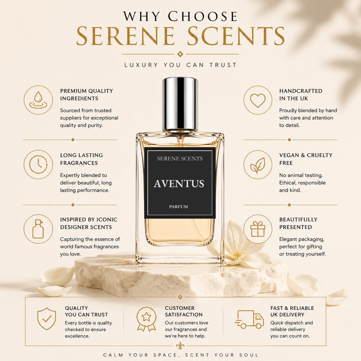 Promotional graphic for Serene Scents featuring a central bottle of Aventus perfume on a cream background with text callouts about quality, craftsmanship, vegan cruelty-free status, and delivery.