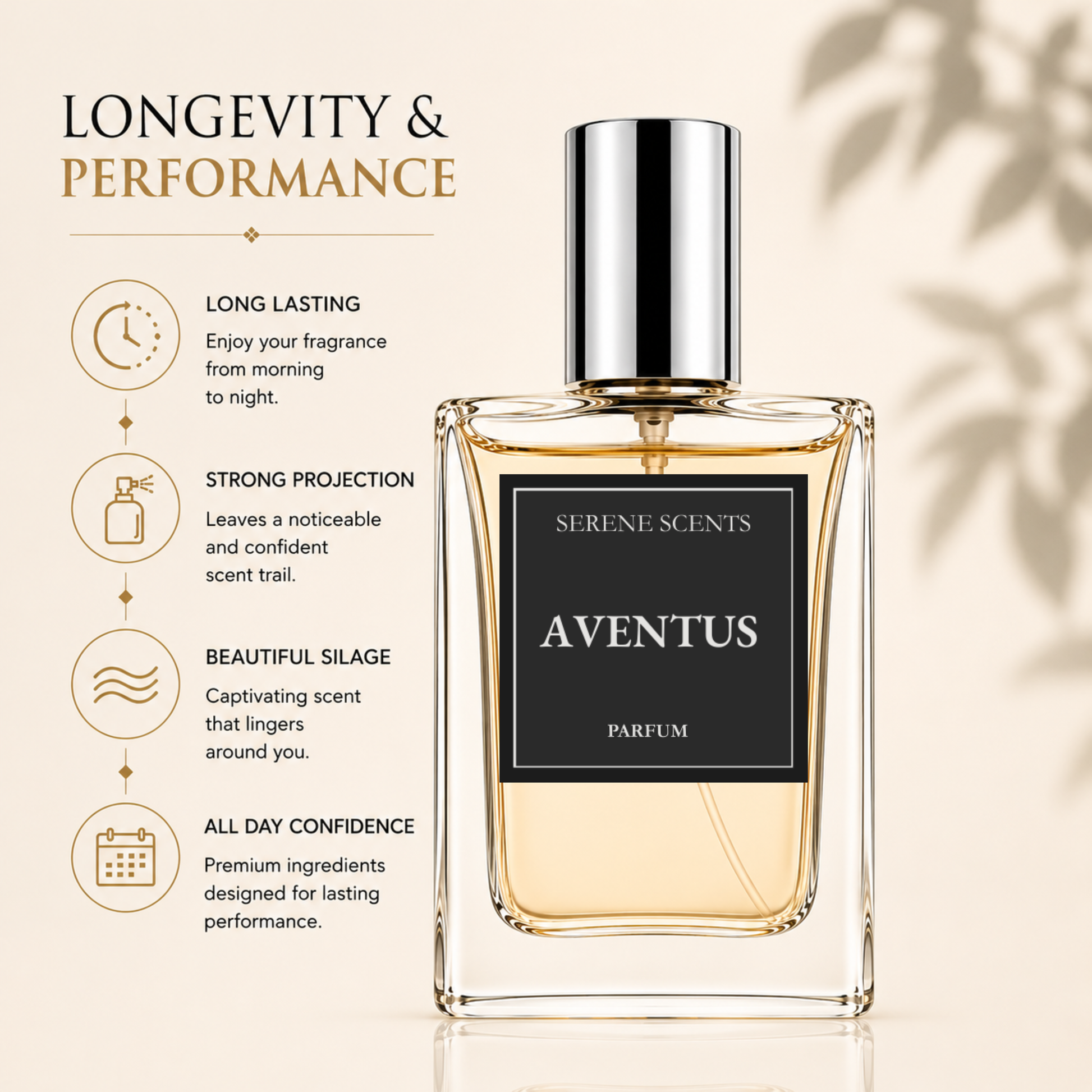 A bottle of Serene Scents Aventus Parfum with a silver cap and black label, set against a warm beige background with text highlighting longevity and performance.
