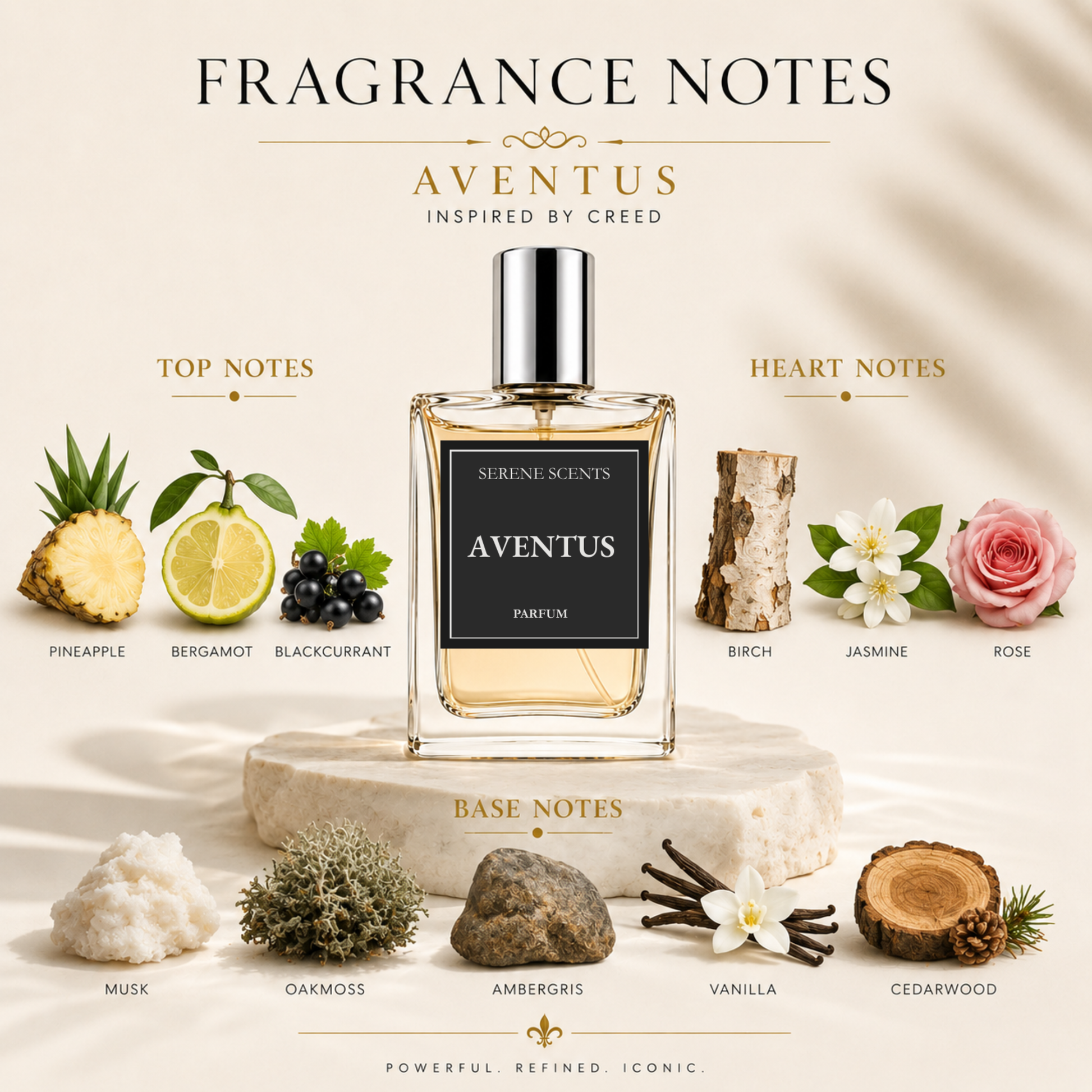 A perfume bottle labeled AVENTUS SERENE SCENTS PARFUM centered on a cream background with fragrance notes arranged around it: pineapple, bergamot, blackcurrant for top notes; birch, jasmine, rose for heart notes; musk, oakmoss, amberwood, vanilla, cedarwood for base notes.