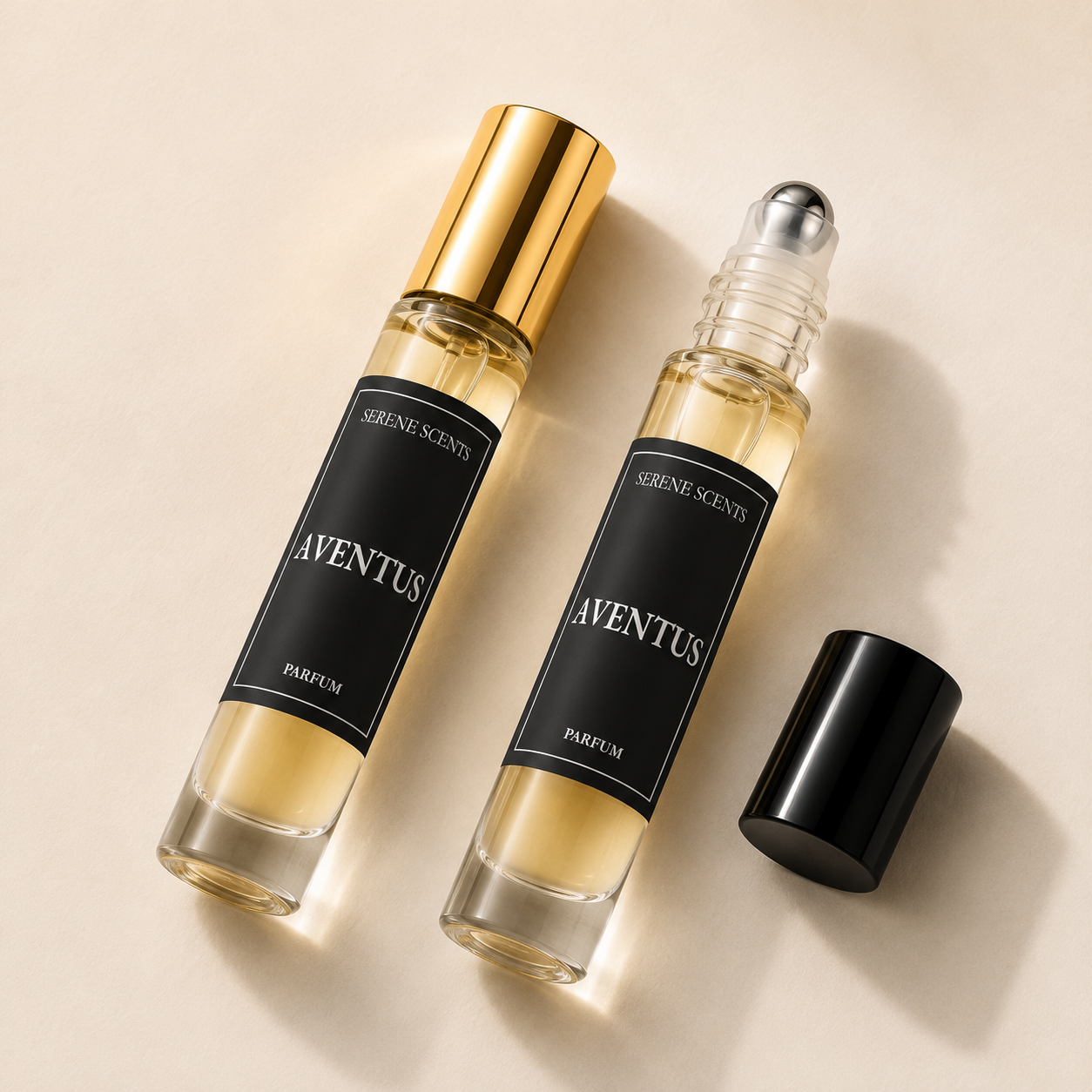 Two clear glass perfume rollerball bottles with black labels reading AVENTUS PARFUM, one with a shiny gold cap and one with a black cap removed, arranged on a warm beige background.