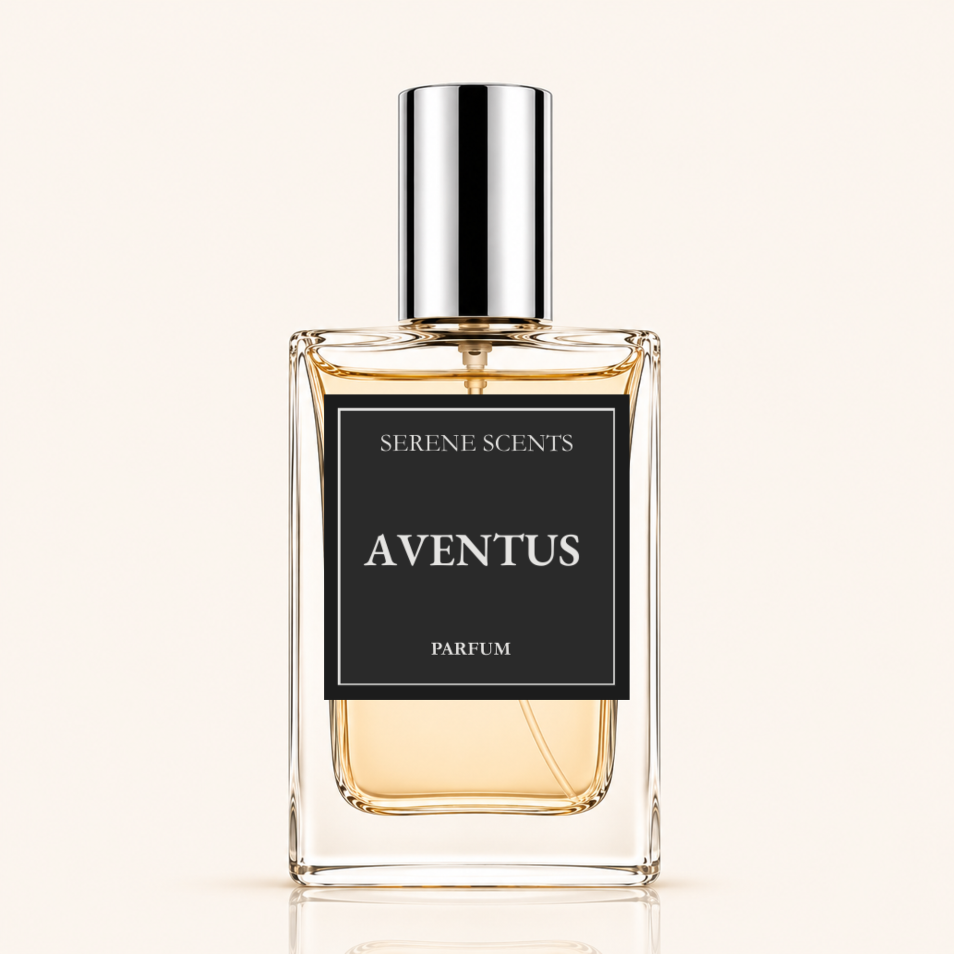 Serene Scents Aventusinspired perfume spray in a clear glass bottle with silver cap on an ivory background