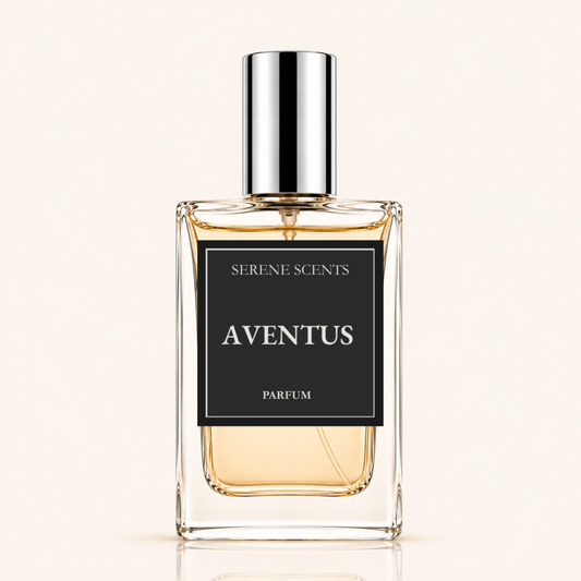 Serene Scents Aventusinspired perfume spray in a clear glass bottle with silver cap on an ivory background