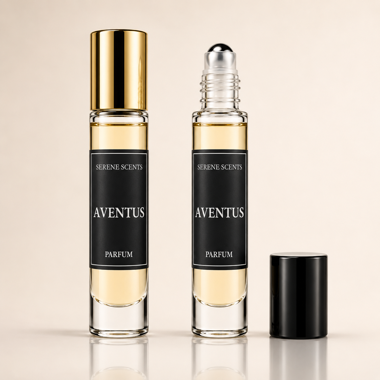 Two Serene Scents Aventus Parfum rollerball bottles with black labels and gold-toned caps, shown on a light beige background with one bottle cap placed beside them.