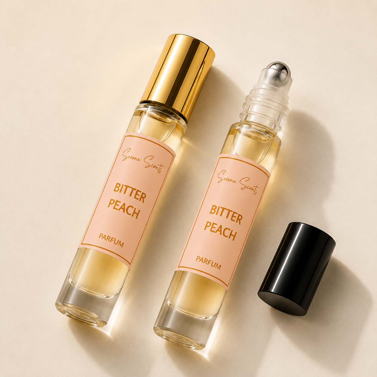 Two clear glass rollerball perfume bottles labeled 'Bitter Peach' by Gucci Scents, one with a shiny gold cap and one with a black cap, arranged on a warm beige background.