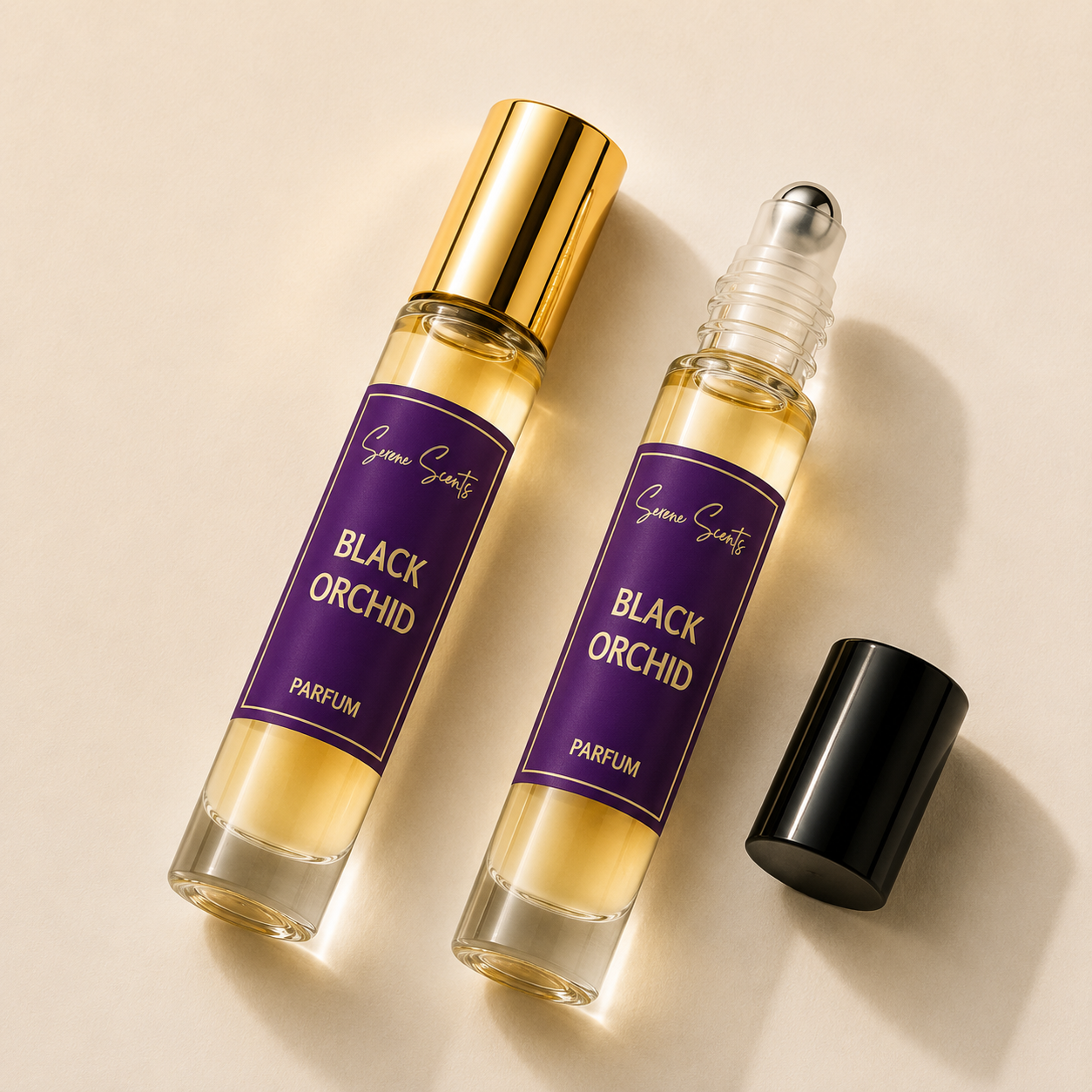 Two perfume rollerball bottles labeled 'Succulents Black Orchid Parfum' with purple labels and gold accents, shown on a warm beige background with one bottle open and its cap beside it.