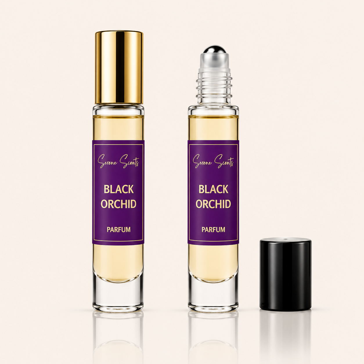Two glass perfume rollerball bottles labeled 'Scent of Scenery' 'BLACK ORCHID' 'PARFUM' with purple labels and gold lettering, one bottle with a gold cap, one with a silver rollerball and a separate black cap, on a light beige background.
