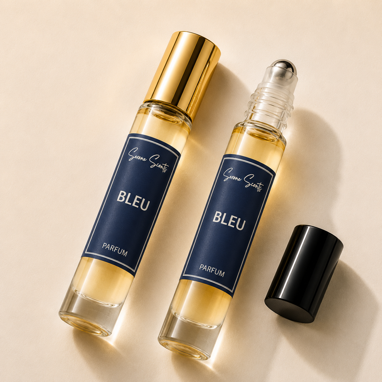 Two clear glass rollerball perfume bottles with navy labels reading 'Genevieve Souchy BLEU PARFUM' are arranged on a warm beige background. One bottle has a shiny gold cap and stands upright, while the other is tipped over with its black cap placed beside it.