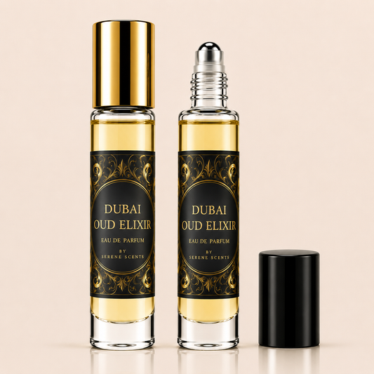 Two glass rollerball perfume bottles labeled 'DUBAI OUD ELIXIR' with ornate black and gold labels, one bottle with a shiny gold cap and one with a silver rollerball top, plus a separate black cap on a light beige background.