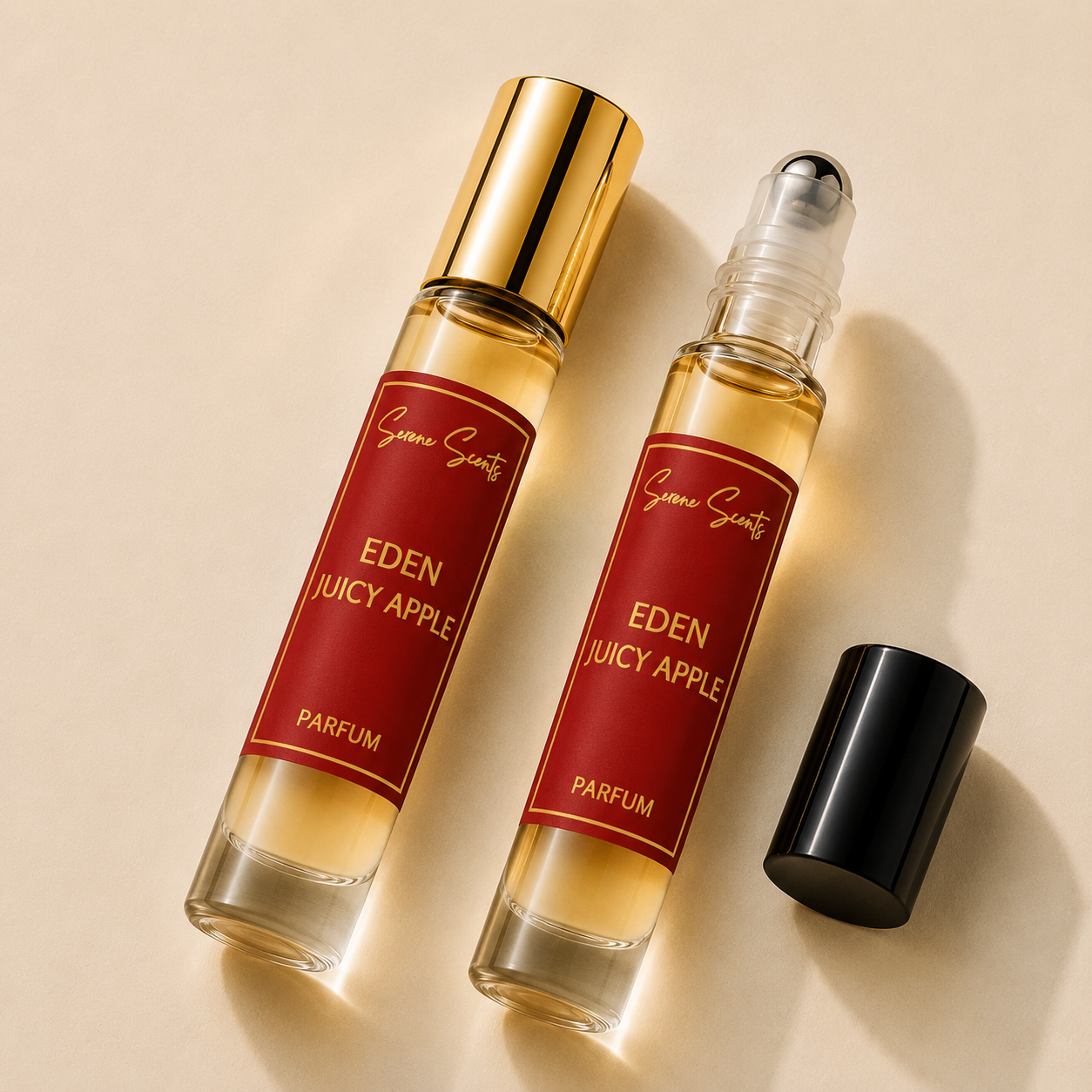 Two perfume rollerball bottles labeled Eden Juicy Apple by Scenic Scents, with one bottle closed showing a gold cap and the other open with its black cap placed beside it, on a warm beige background.
