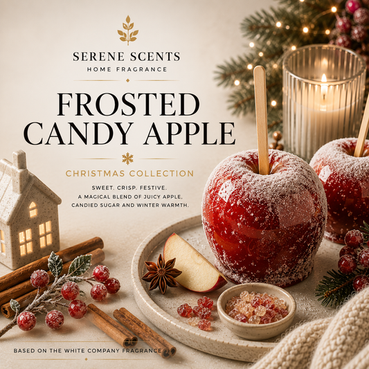 Frosted Candy Apple home fragrance packaging graphic for Serene Scents Home Fragrance, featuring a red apple dusted in powdered sugar on a tray with cinnamon sticks, star anise, and holiday decorations in the background.