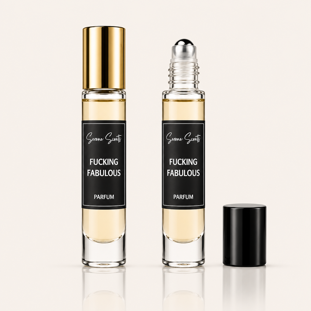 Two clear glass perfume roller bottles with pale yellow liquid, black labels reading 'Scenic Scents' and 'FUCKING FABULOUS PARFUM', one bottle with a gold cap and one with a black cap, shown on a light beige background.