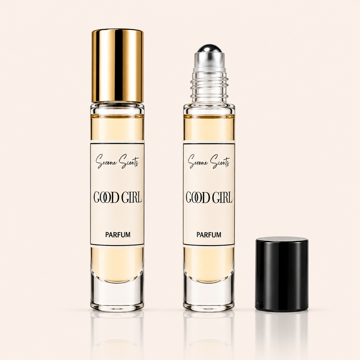 Two perfume rollerball bottles labeled 'Scena Sceleri GOOD GIRL PARFUM' on a light beige background, with one bottle showing a gold cap, the other a silver cap, and a black cap standing beside them.