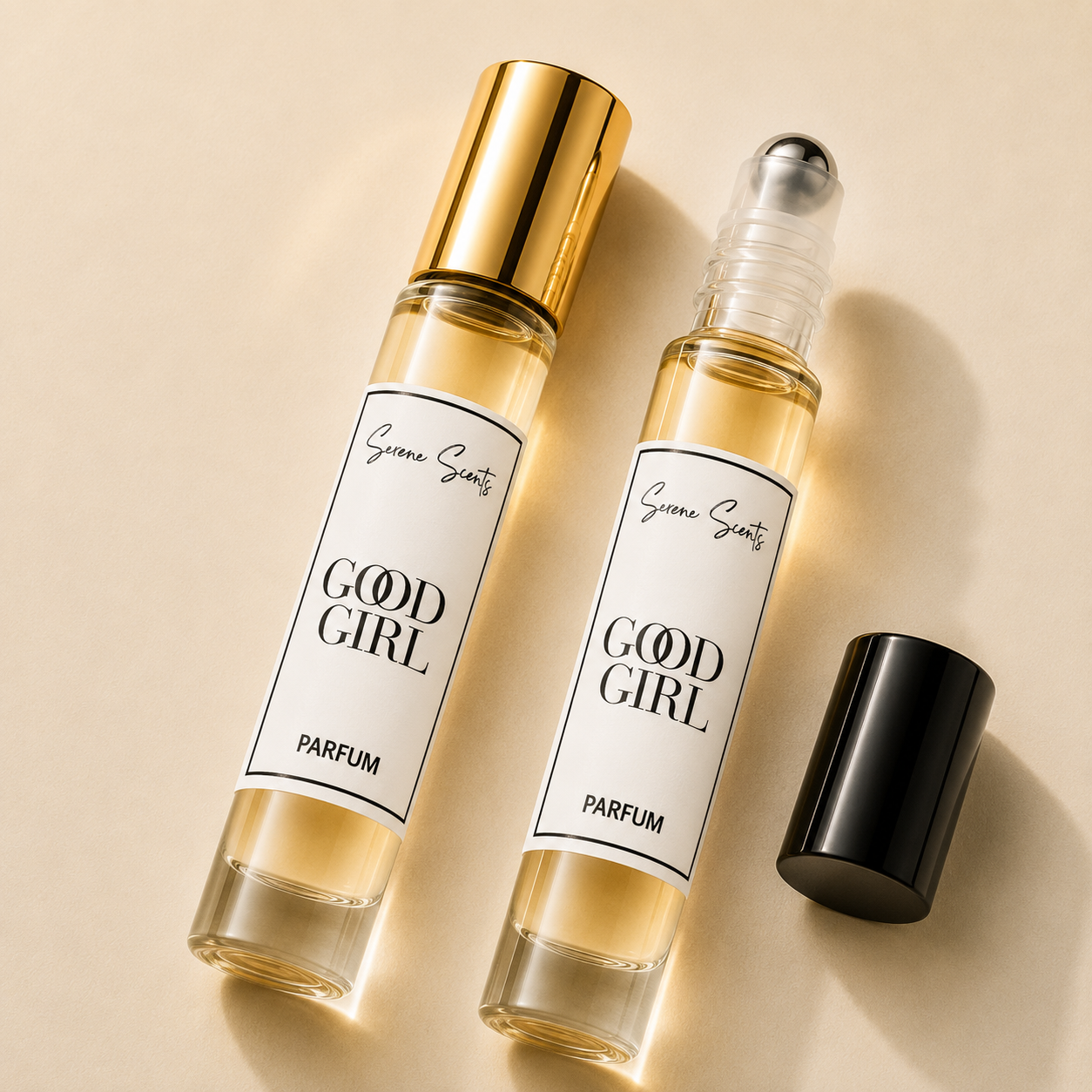 Two perfume rollerball bottles labeled 'GOOD GIRL PARFUM' with a gold cap and a black cap placed beside them on a warm beige background.