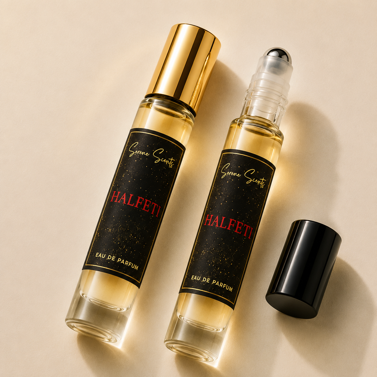 Two roll-on perfume bottles with gold caps and black labels reading 'Guerlain Scents HALIFETI EAU DE PARFUM' are arranged on a warm beige background, with one bottle open and its black cap placed beside it.