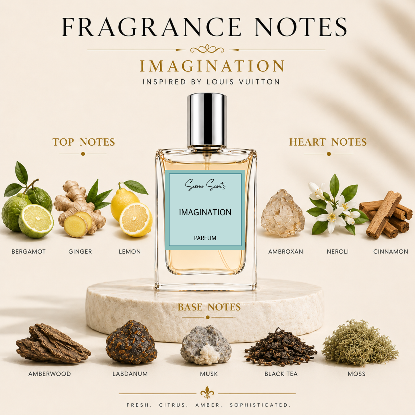 A perfume bottle labeled 'Imagination' by Scents of Syria, inspired by Louis Vuitton, displayed on a marble pedestal with fragrance notes arranged around it: top notes including bergamot, ginger, lemon, ambroxan, neroli, and cinnamon; base notes including amberwood, labdanum, musk, black tea, and moss.