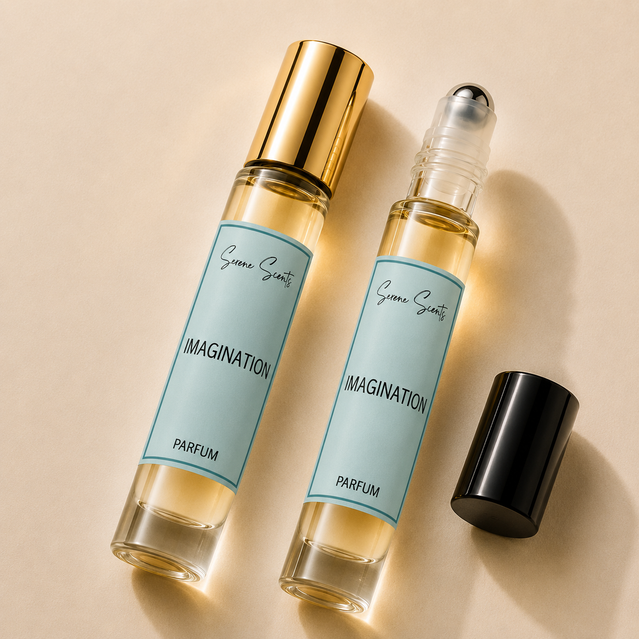 Two perfume rollerball bottles labeled 'Symone Senti IMAGINATION PARFUM' with pale blue labels and gold caps, shown on a warm beige background with one bottle open and its black cap beside it.