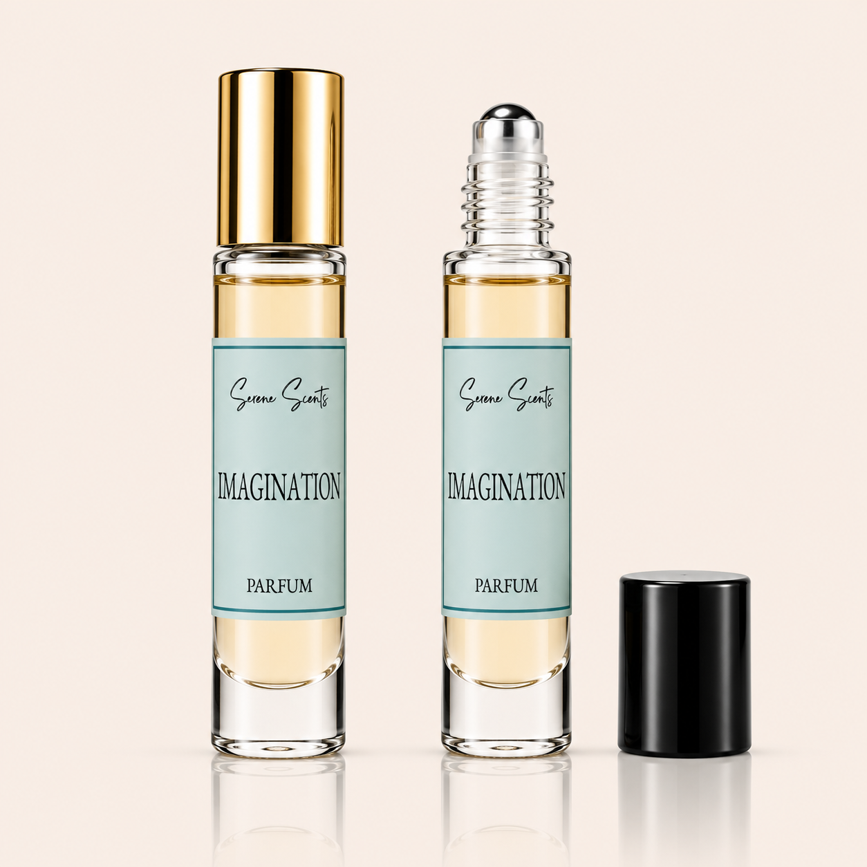 Two perfume rollerball bottles labeled 'Scented Scents IMAGINATION PARFUM' on a light beige background, with one bottle capped in gold, one open with a clear rollerball and black cap beside it.