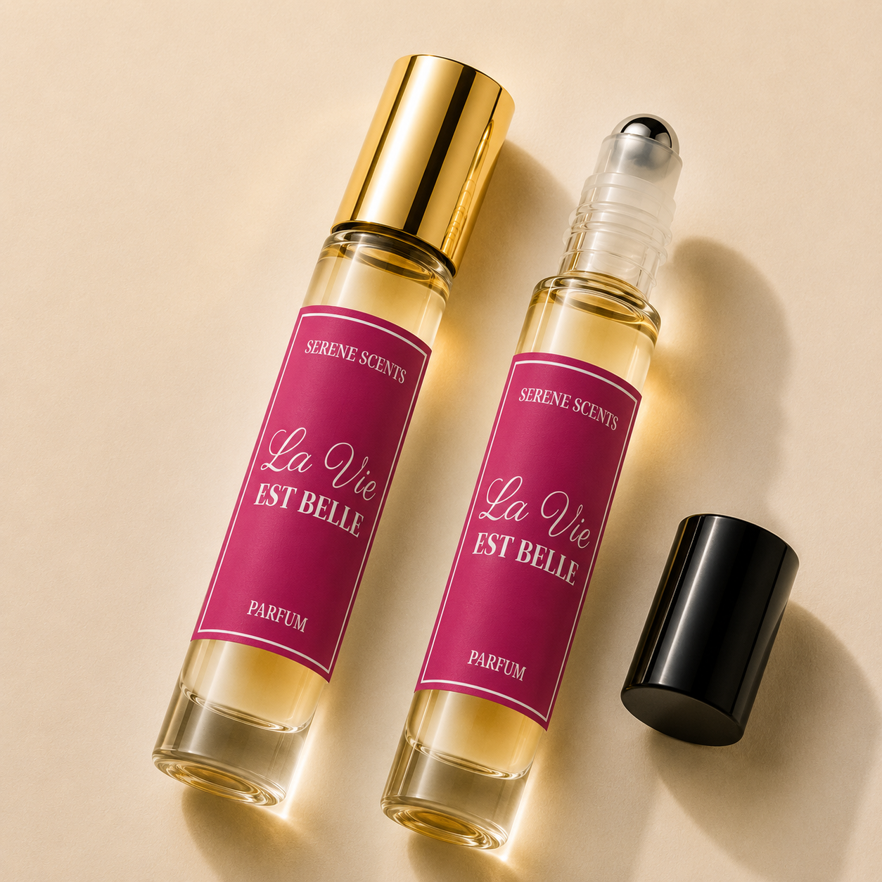 Two perfume rollerball bottles labeled 'SERENE SCENTS La Vie EST BELLE PARFUM' with pink labels and gold caps, shown on a beige background with one cap placed beside them.