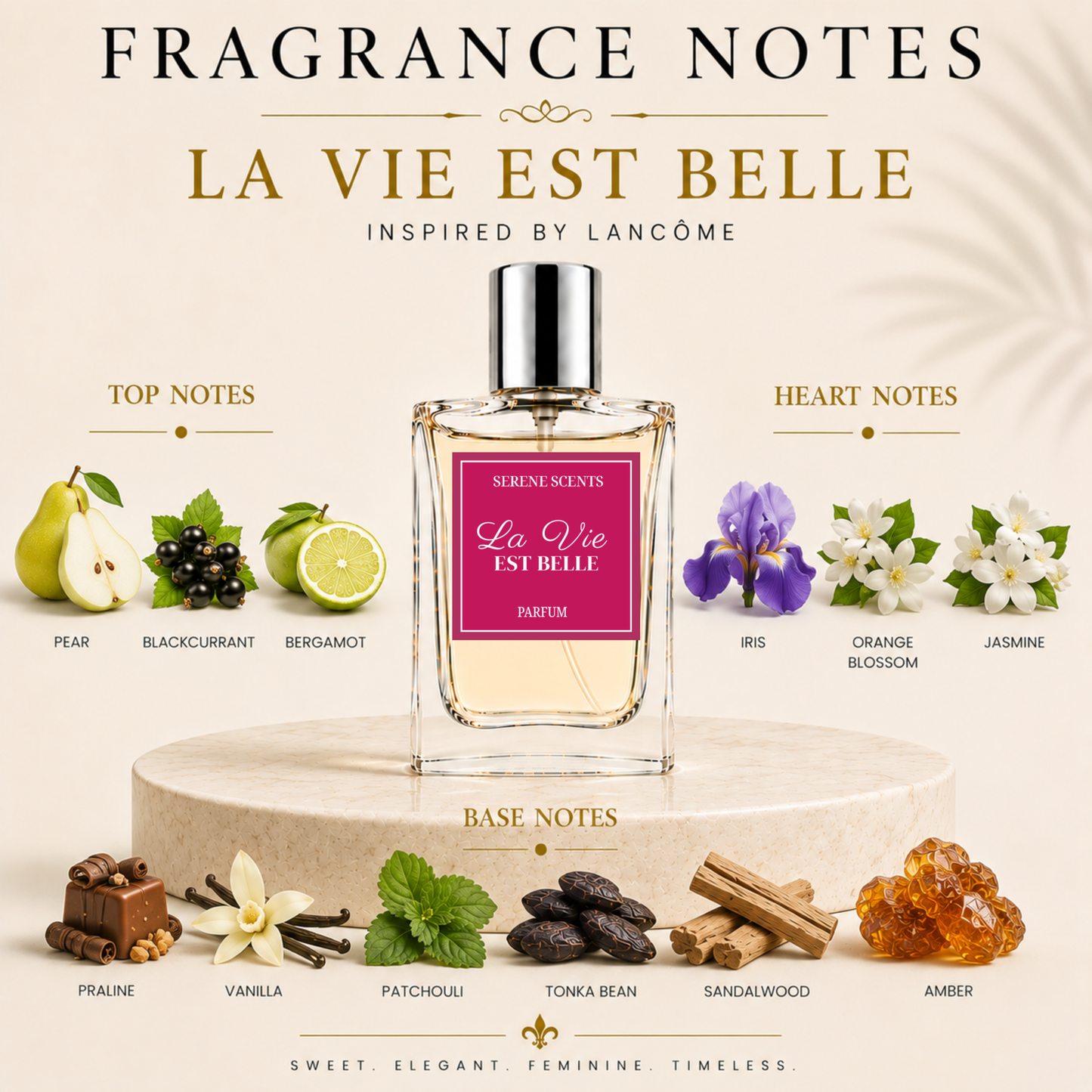 Fragrance note graphic for La Vie Est Belle perfume by Serine Scents, inspired by Lancôme. The clear rectangular perfume bottle with a silver cap and pink label is centered on a cream pedestal, surrounded by illustrated top notes (pear, blackcurrant, bergamot, iris, orange blossom, jasmine), base notes (praline, vanilla, patchouli, tonka bean, sandalwood, amber), and the fragrance name with scent description.