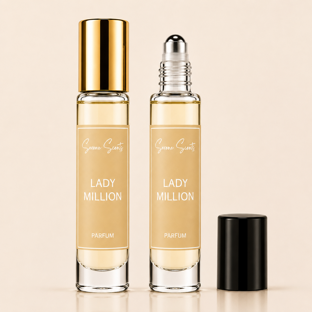 Two glass perfume rollerball bottles labeled 'Succulents Lady Million Parfum' on a warm beige background, with one bottle capped in gold and the other open with a silver rollerball, plus a black cap standing beside it.