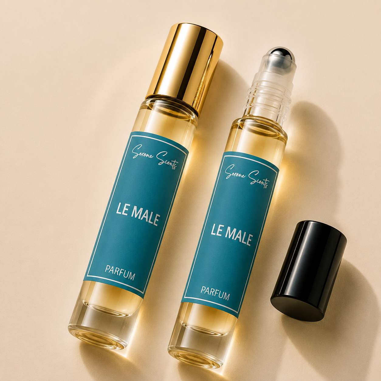 Two roll-on perfume bottles labeled 'Green Scents LE MALE PARFUM' with teal labels and gold caps, shown on a warm beige background with one cap placed beside them.