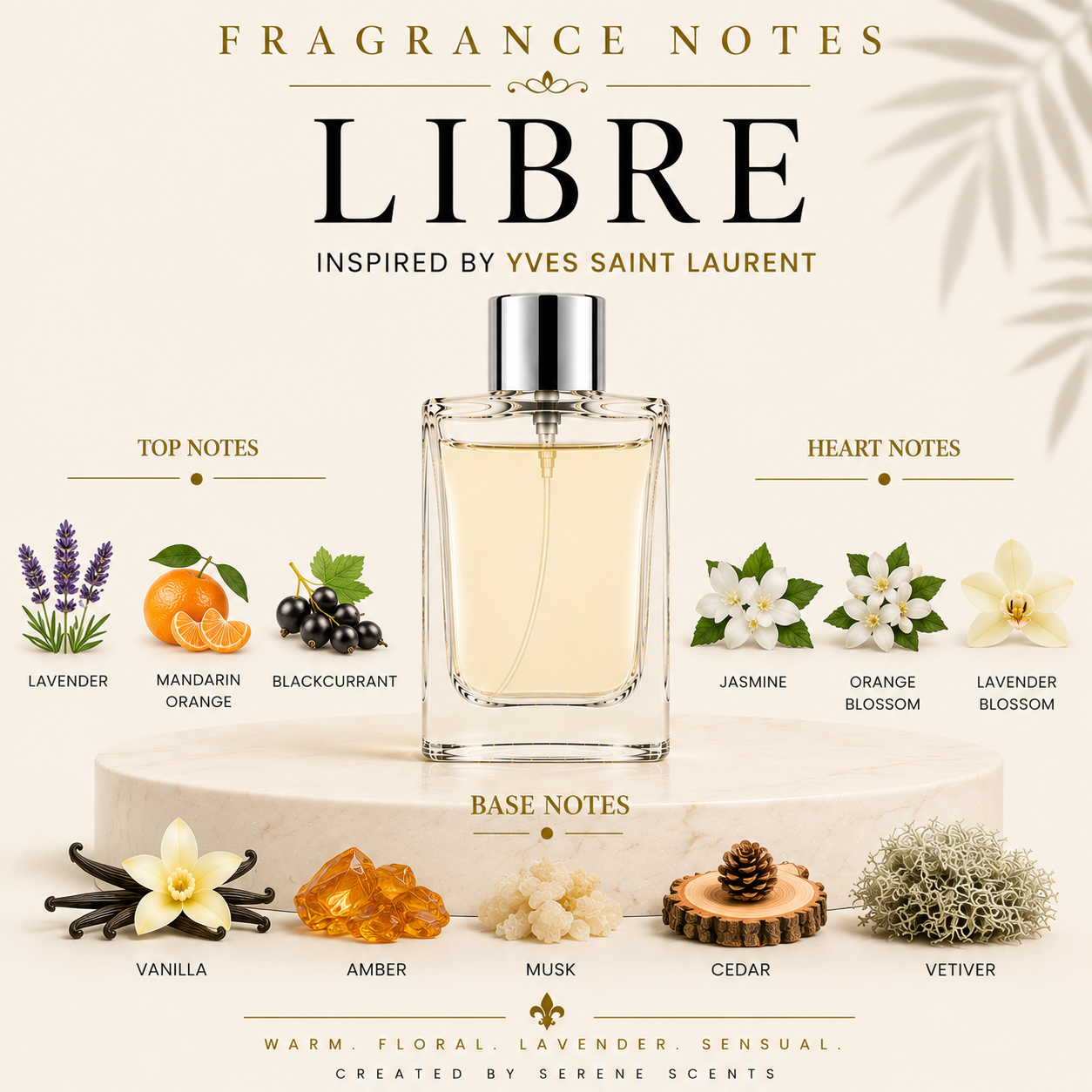 Fragrance Notes Libre inspired by Yves Saint Laurent, featuring a clear glass perfume bottle with pale yellow liquid on a white pedestal, surrounded by illustrated top notes (lavender, mandarin orange, blackcurrant) and base notes (vanilla, amber, musk, cedar, vetiver) on a cream background.