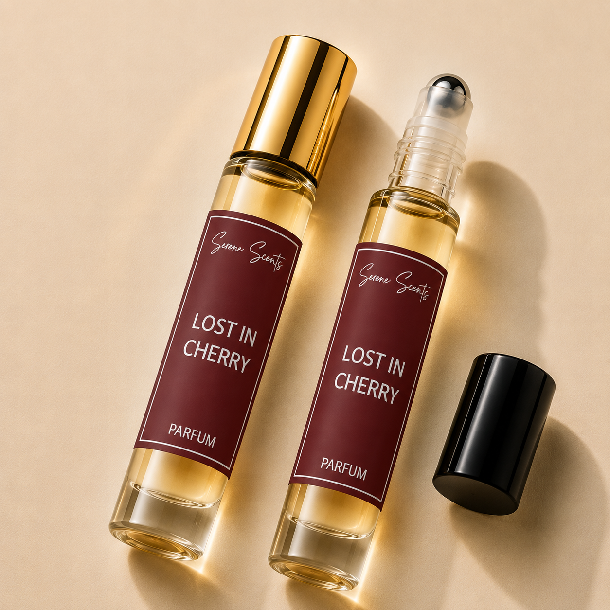 Two perfume rollerball bottles labeled 'Genevieve Scents LOST IN CHERRY PARFUM' on a warm beige background, one with a gold cap and one with the black cap removed, both filled with golden liquid.