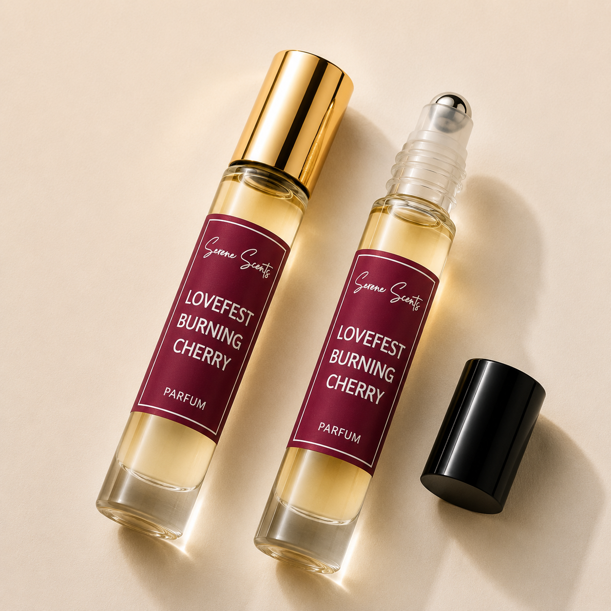 Two glass perfume roller bottles labeled 'Lovefest Burning Cherry' by Scenic Scents, one with a gold cap and one with a clear cap showing the roller ball, with a black cap placed beside them on a warm beige background.