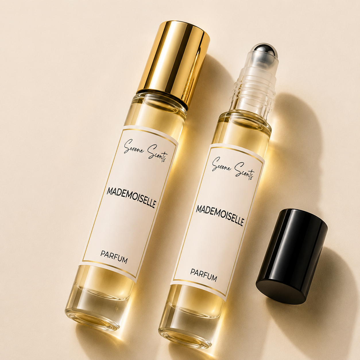 Two perfume rollerball bottles with cream labels and gold caps, plus a separate black cap, arranged on a warm beige background. The labels read 'Sonne Senti', 'MADEMOISELLE', and 'PARFUM'.