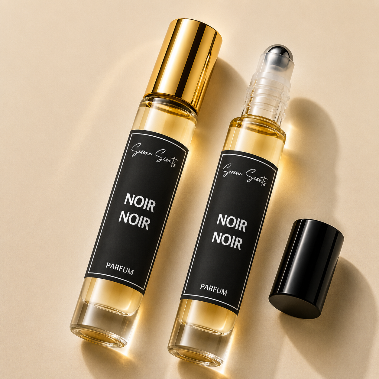 Two perfume rollerball bottles labeled 'Synne Scentz Noir Noir Parfum' on a warm beige background, with one bottle capped and one uncapped showing the clear rollerball top.