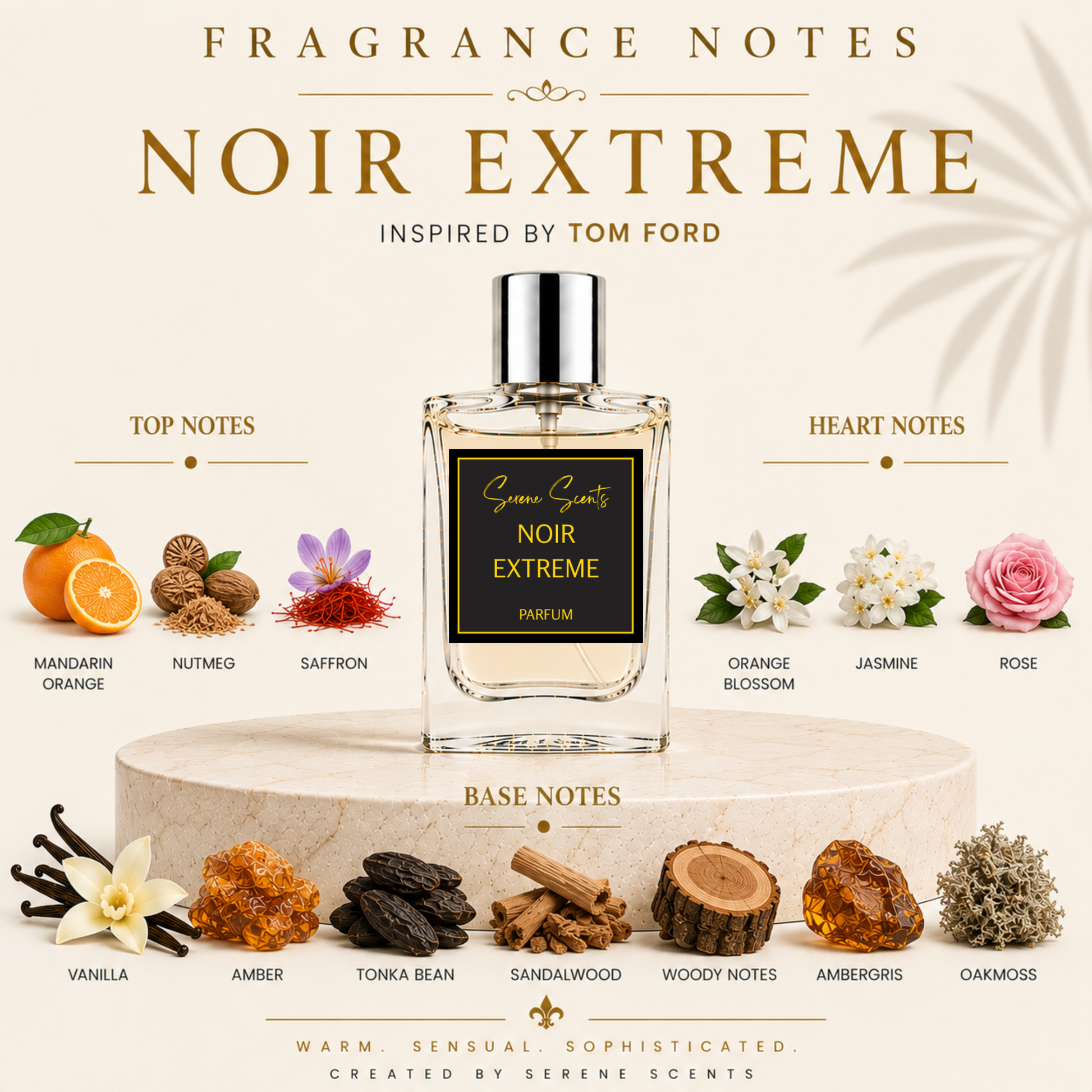 Serene Scents Noir Extreme Parfum bottle displayed on a pedestal with fragrance notes labeled top notes, heart notes, and base notes on a beige background.