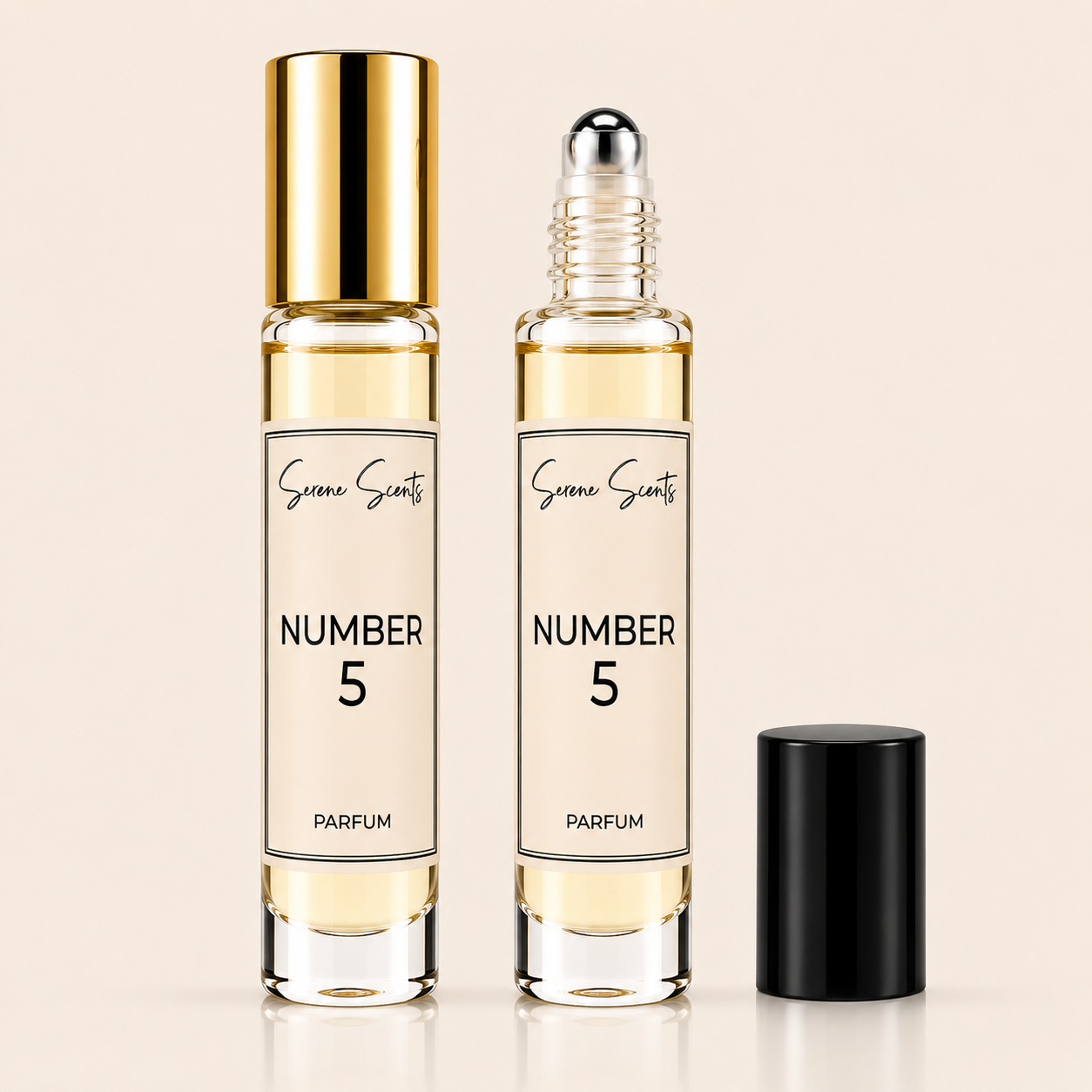 Two clear glass perfume roller bottles with pale yellow liquid and cream labels reading 'Scenario Scents NUMBER 5 PARFUM' are shown on a light beige background, alongside a separate black cap.