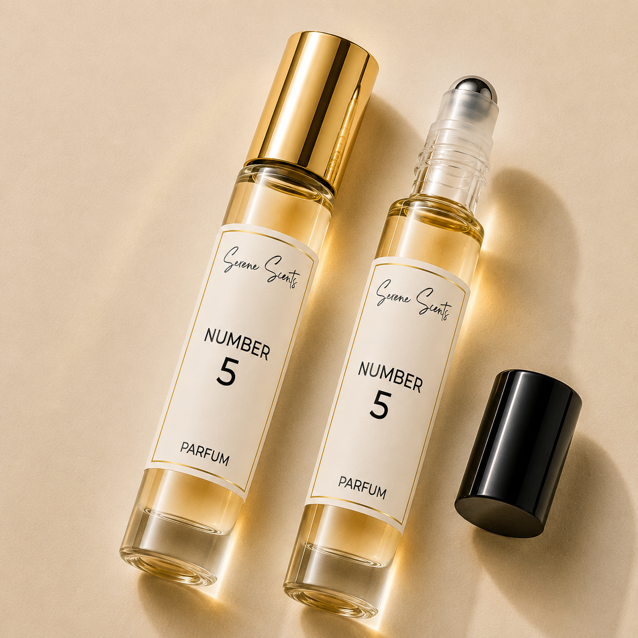 Two clear glass perfume roller bottles labeled 'Green Scent NUMBER 5 PARFUM' with one gold cap and one black cap, arranged on a warm beige background.