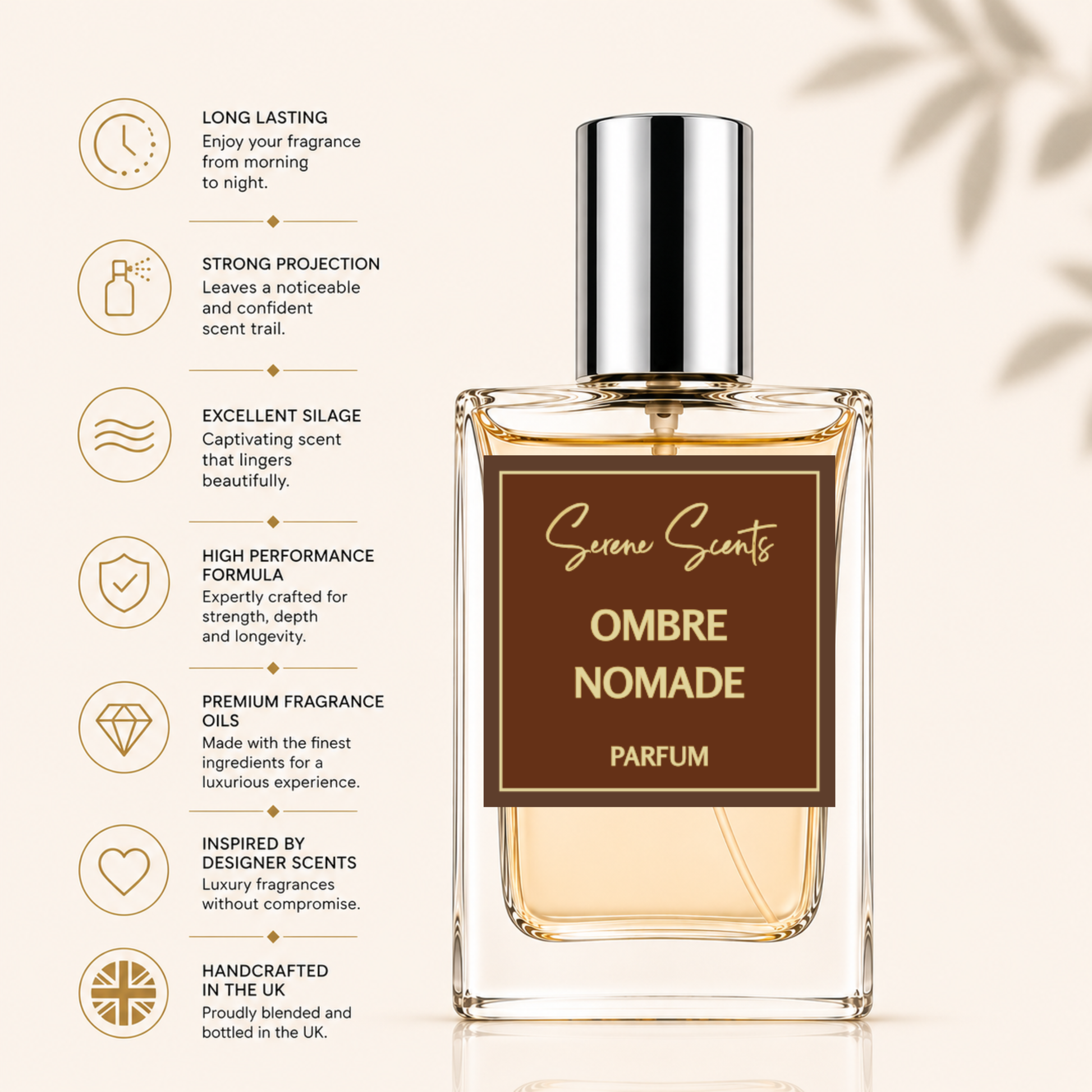 Ombre Nomade inspired perfume highlighting long-lasting fragrance, projection and sillage. high performance, inspired by designer scents, handcrafted in the UK