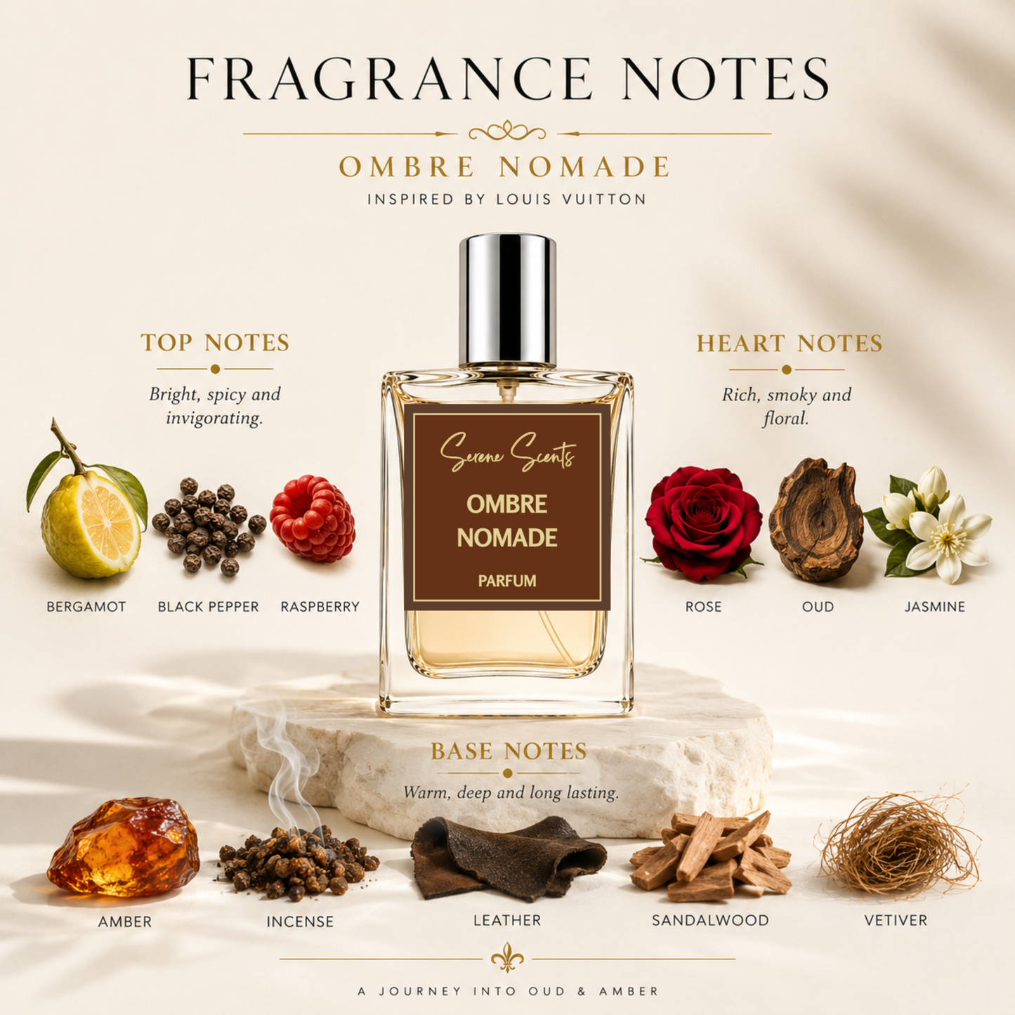 Fragrance notes for Ombre Nomade inspired perfume featuring bergamot, raspberry, oud, rose, amber, incense, leather, sandalwood and vetiver.