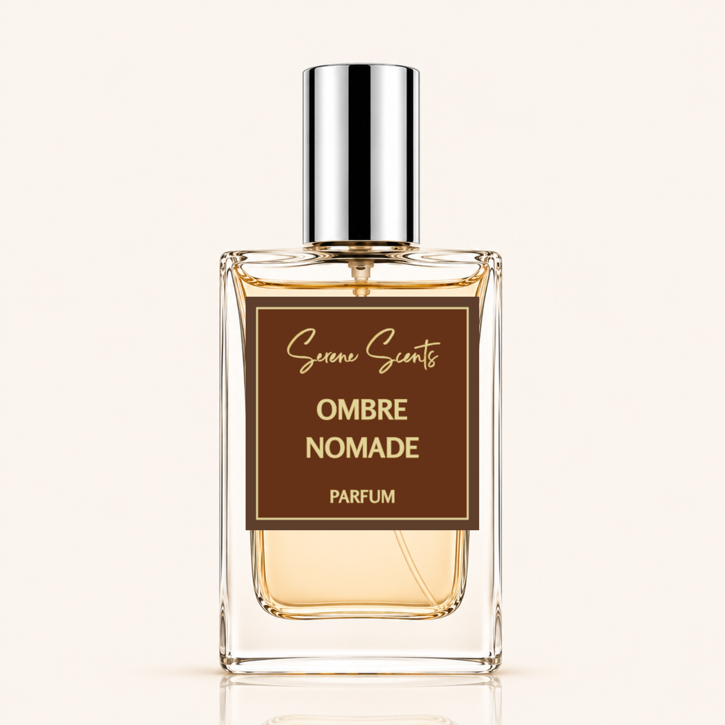 Serene Scents Ombre Nomade inspired perfume spray in a clear glass bottle with silver cap on an ivory background.