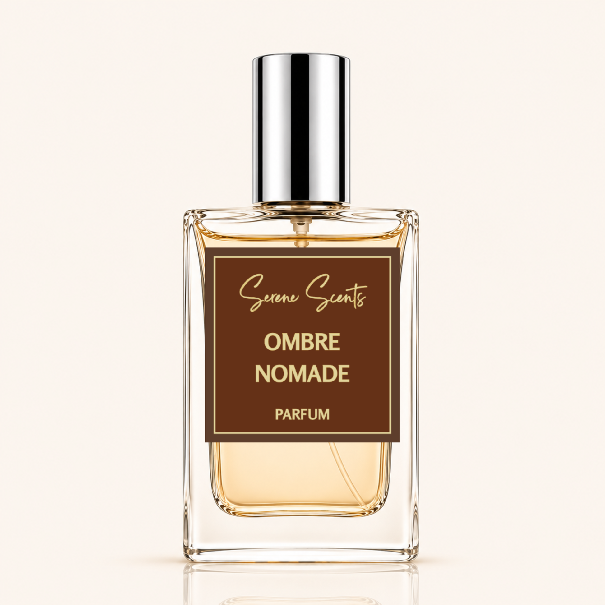 Serene Scents Ombre Nomade inspired perfume spray in a clear glass bottle with silver cap on an ivory background.