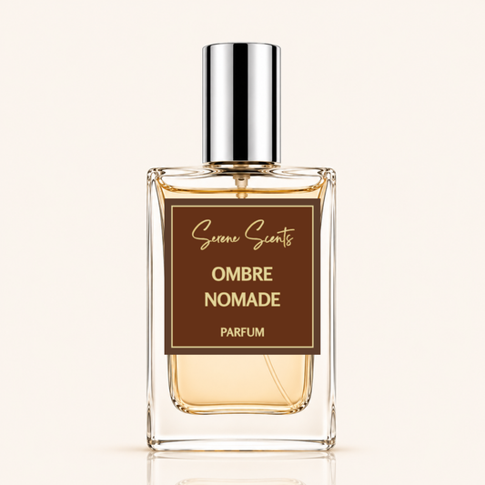 Serene Scents Ombre Nomade inspired perfume spray in a clear glass bottle with silver cap on an ivory background.