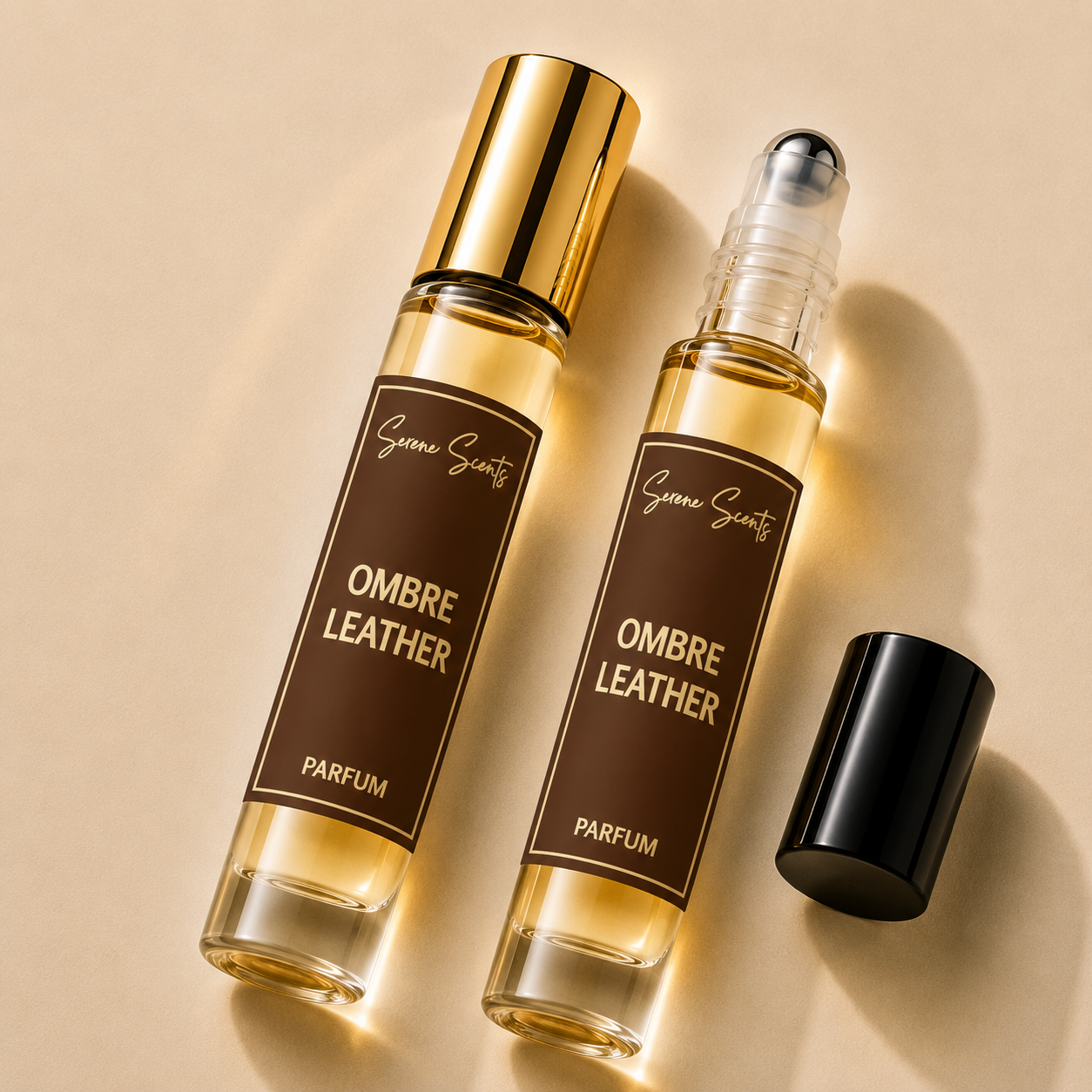 Two perfume rollerball bottles labeled 'Green Scents OMBRE LEATHER PARFUM' on a warm beige background, with one bottle showing a gold cap and the other showing a clear roller top with its black cap beside it.